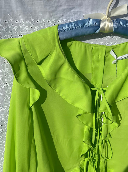 Rokh Neon Green Ruffle Button Back Blouse