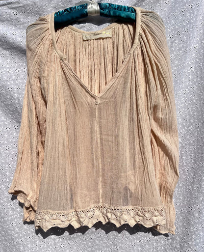 Jen’s Pirate Booty Sheer Tan Long Sleeve Boho Lace Hem Blouse