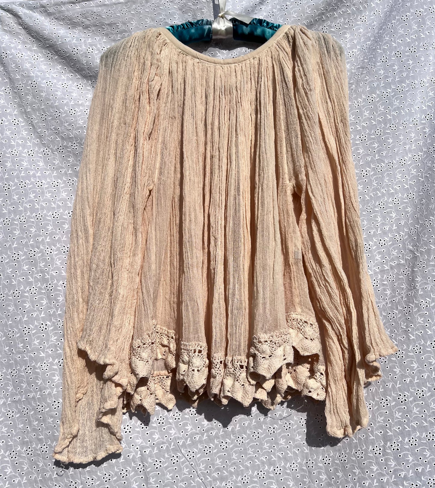 Jen’s Pirate Booty Sheer Tan Long Sleeve Boho Lace Hem Blouse